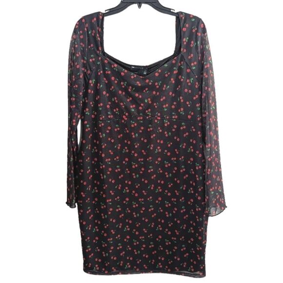 Asos Curve Black red cherry mesh overlay long sleeve square neck mini dress 12 - Picture 2 of 5